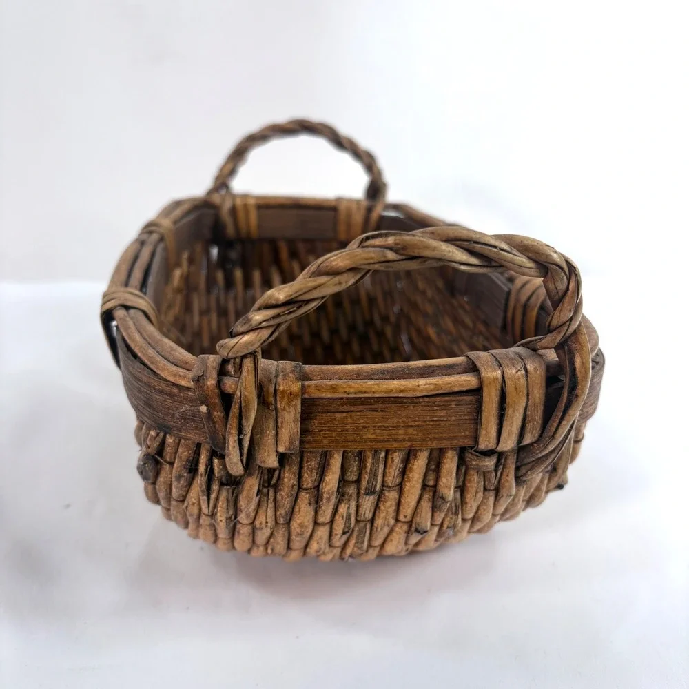 Vintage Chinese Woven Willow Basket Brown Woven Handles Wabi-Sabi